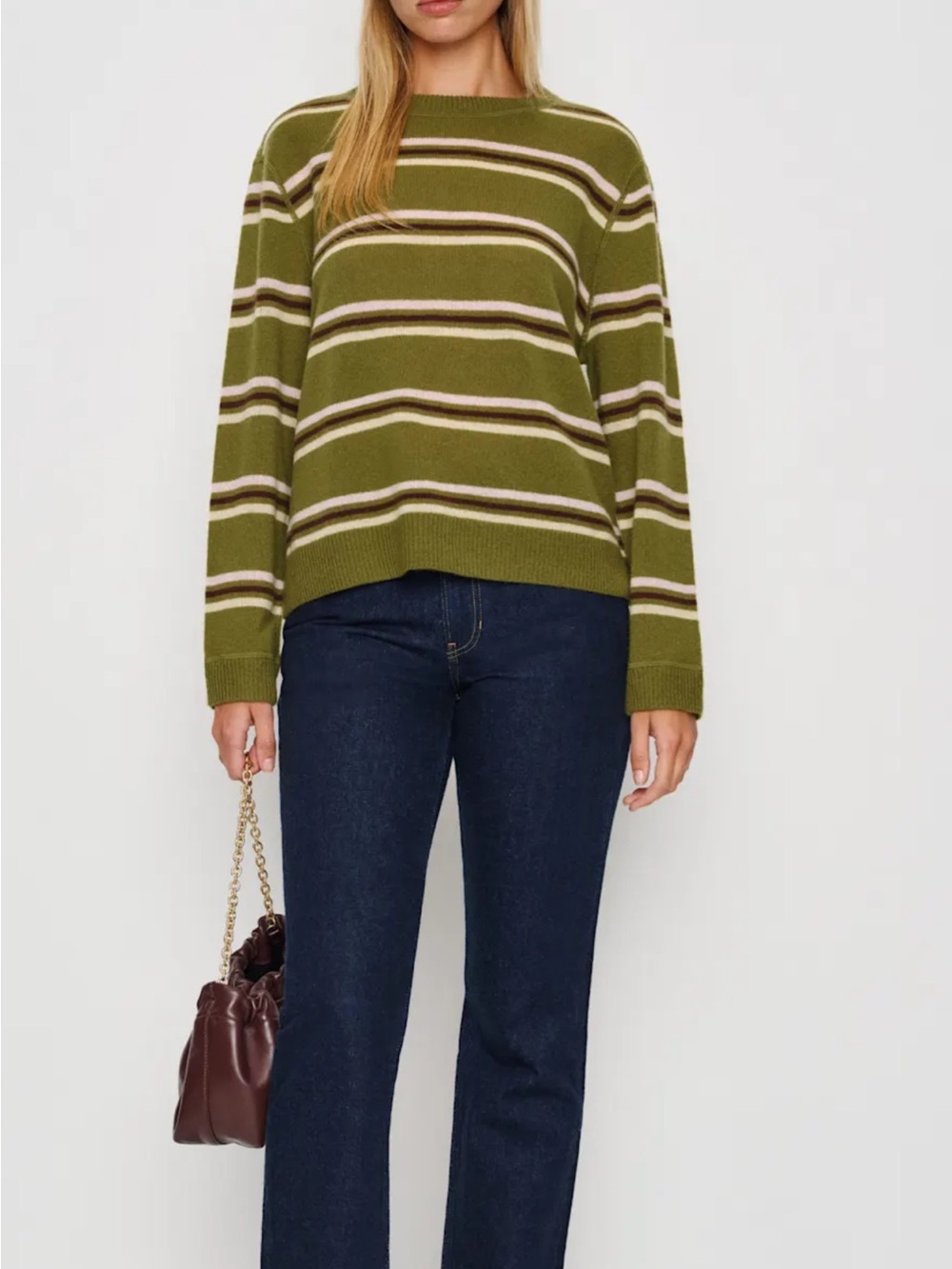 Reformation Olive and Cream Striped Crewneck Sweater